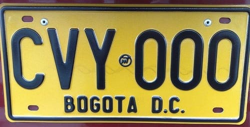 a yellow licence plate from Bogota